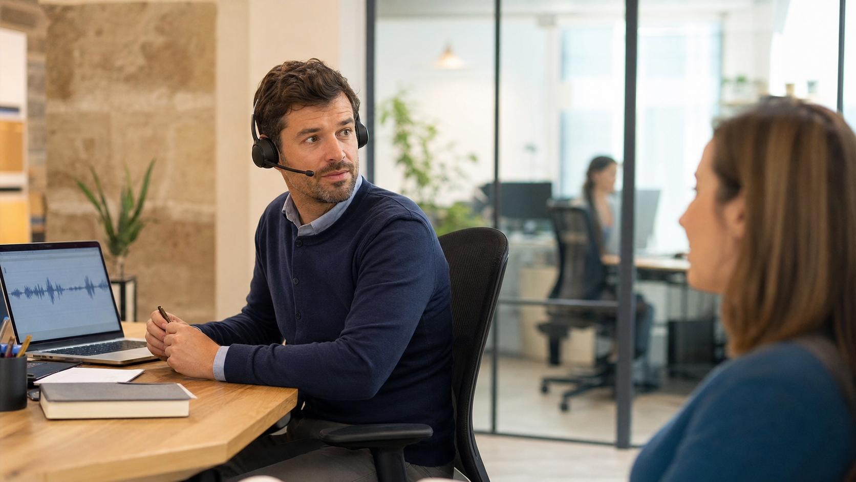 Responsable de relation client supervisant un agent vocal IA depuis son poste de travail